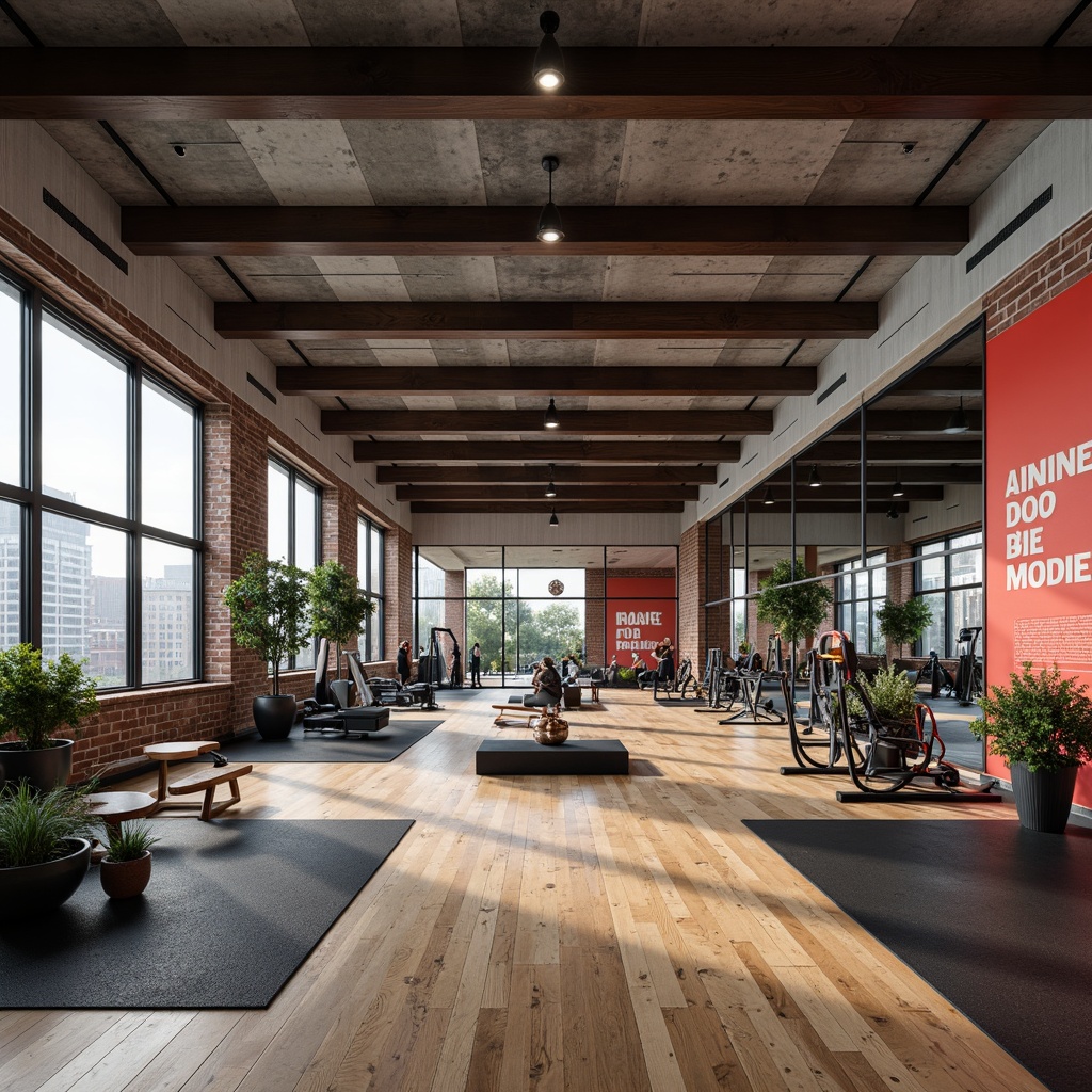 Prompt: Modern home gym, industrial-chic aesthetic, reclaimed wood flooring, metal beams, exposed brick walls, minimalist decor, high-gloss rubber flooring, sound-absorbing acoustic panels, mirrored walls, state-of-the-art exercise equipment, free weights, cardio machines, functional training areas, floor-to-ceiling windows, natural light, urban views, concrete ceilings, industrial-style lighting fixtures, sleek steel railings, motivational quotes, bold color accents, high-tech smart home integration, ambient mood lighting, 1/2 composition, shallow depth of field, realistic textures.