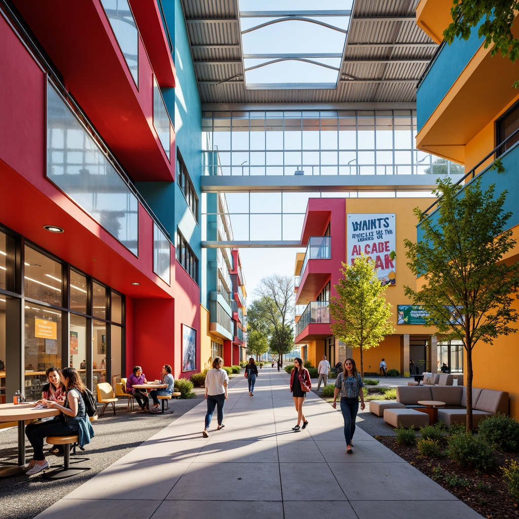 Prompt: Vibrant high school building, bold color scheme, energetic atmosphere, youthful vibe, modern architecture, sleek metal accents, glass surfaces, angular lines, geometric shapes, inspirational quotes, motivational posters, collaborative learning spaces, flexible seating areas, natural light pouring in, soft warm lighting, shallow depth of field, 3/4 composition, panoramic view, realistic textures, ambient occlusion.