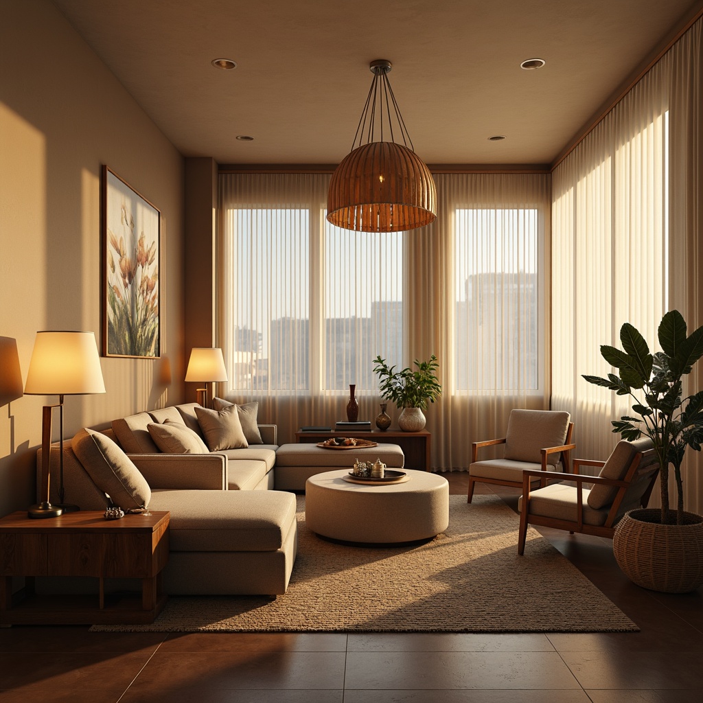 Prompt: Cozy living room, warm ambient lighting, soft glowing lamps, comfortable sofas, natural wood furniture, earthy tones, textured rugs, minimalist decor, floor-to-ceiling windows, sheer curtains, gentle morning sunlight, warm beige walls, soft pastel colors, elegant chandeliers, subtle shadows, 1/2 composition, realistic reflections, atmospheric mood.