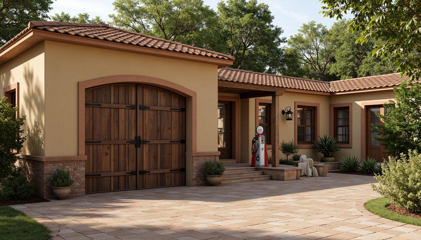 Prompt: Family garage, classicism style, warm beige exterior walls, rustic wooden doors, antique metal hardware, clay tile roofs, earthy tone pavement, lush greenery surroundings, vintage gas pumps, distressed wood accents, exposed brick walls, soft warm lighting, shallow depth of field, 1/1 composition, realistic textures, ambient occlusion.