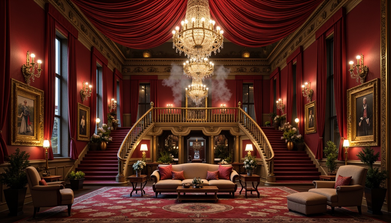 Prompt: Rich velvet fabrics, ornate golden frames, luxurious crystal chandeliers, intricate carved wooden paneling, lavish red and gold color scheme, opulent furnishings, grandiose architectural details, dramatic high ceilings, majestic sweeping staircases, regal throne-like seating, rustic stone walls, warm dim lighting, subtle smoke effects, 1/1 composition, close-up shot, realistic reflections, ambient occlusion.