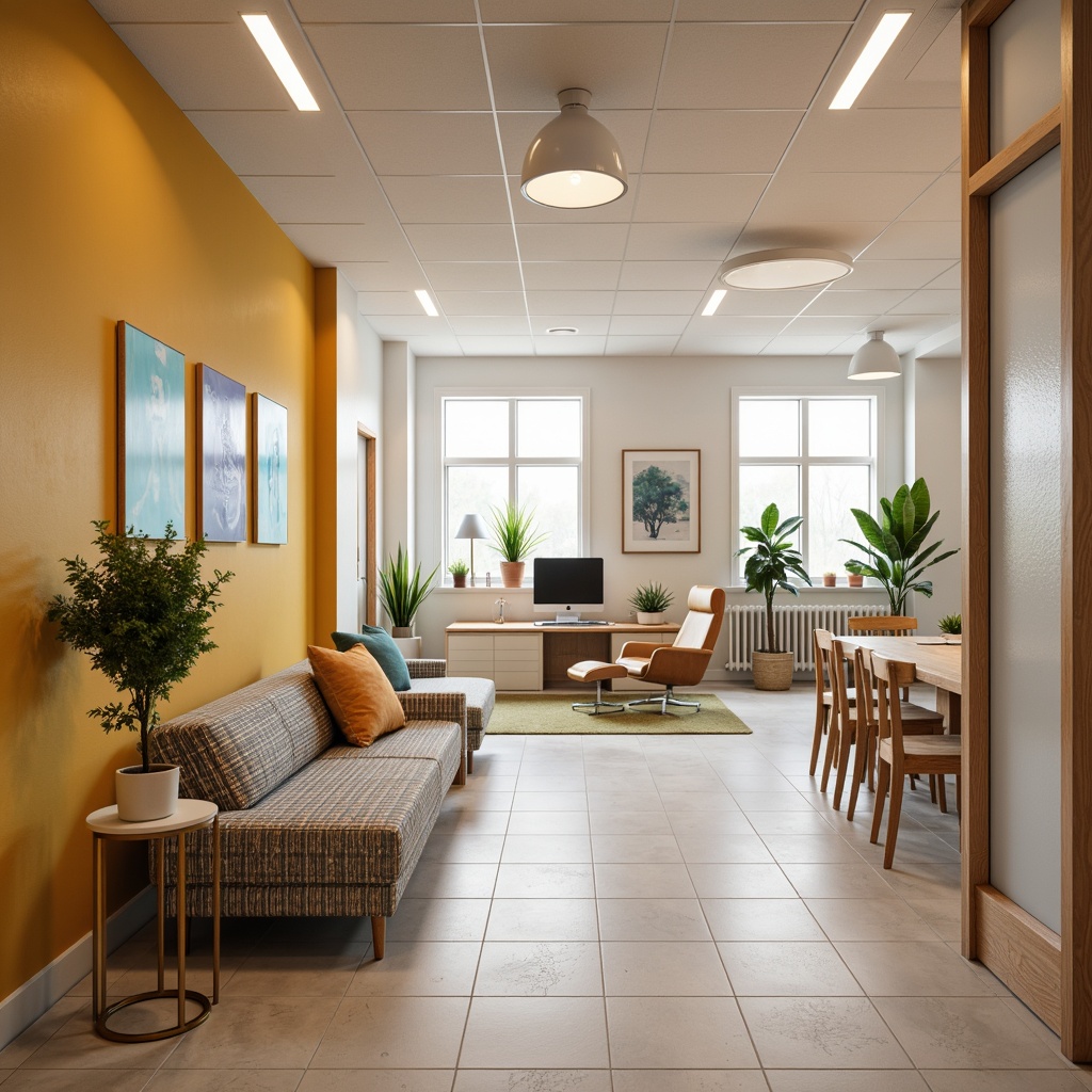 Prompt: Vibrant office space, calming color scheme, soothing pastel hues, creamy whites, rich wood accents, modern minimalist furniture, sleek metal frames, geometric patterns, bold accent walls, natural textiles, plants on desks, warm task lighting, soft overhead lighting, shallow depth of field, 3/4 composition, realistic textures, ambient occlusion.