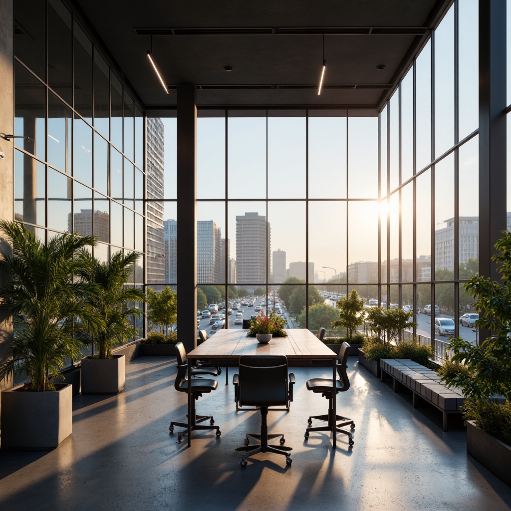 Prompt: Modern office building, open floor plan, collaborative workspaces, minimalist decor, sleek metal furniture, ergonomic chairs, abundant natural light, floor-to-ceiling windows, urban cityscape views, busy streets, morning commute, soft warm lighting, shallow depth of field, 3/4 composition, panoramic view, realistic textures, ambient occlusion.