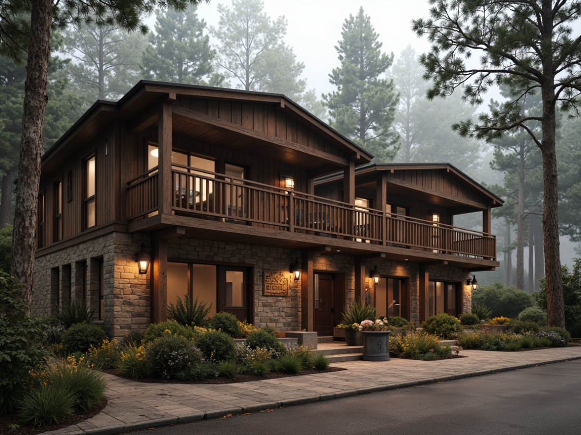 Prompt: Rustic hotel exterior, wooden cabin-like fa\u00e7ade, earthy brown color palette, natural stone walls, reclaimed wood accents, metal lanterns, vintage signage, surrounding forest landscape, tall trees, misty morning atmosphere, warm soft lighting, shallow depth of field, 2/3 composition, realistic textures, ambient occlusion.