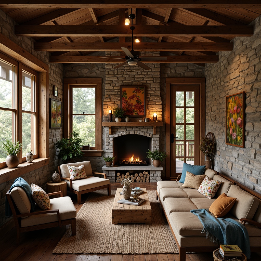 Prompt: Cozy cabin, wooden accents, natural stone walls, earthy color palette, vintage decorations, distressed wood furniture, lantern lighting, woven textiles, floral patterns, botanical prints, warm candlelight, shallow depth of field, 1/1 composition, rustic metal fixtures, reclaimed wood floors, plush area rugs, nature-inspired artwork, soft warm colors, organic shapes, whimsical details.