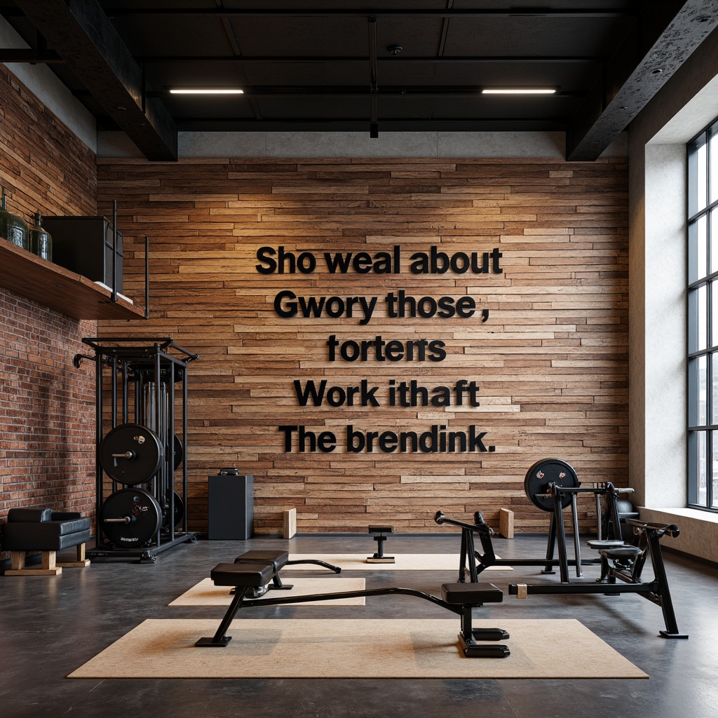 Prompt: Rustic wood accent walls, distressed brick textures, industrial metal beams, polished concrete floors, motivational quotes, fitness equipment silhouettes, modern minimalistic design, bold color schemes, dynamic lighting effects, shallow depth of field, 1/2 composition, realistic renderings, ambient occlusion.