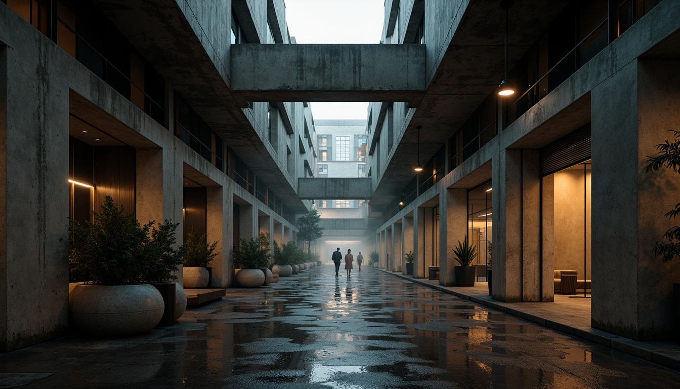 Prompt: Raw concrete textures, rugged brutalist architecture, dramatic shadowplay, industrial-style lighting fixtures, exposed ductwork, minimalist decor, harsh overhead lighting, warm ambient glow, moody color palette, urban cityscape, rainy day, misty atmosphere, shallow depth of field, 1/2 composition, cinematic perspective, gritty realistic textures, subtle lens flares.