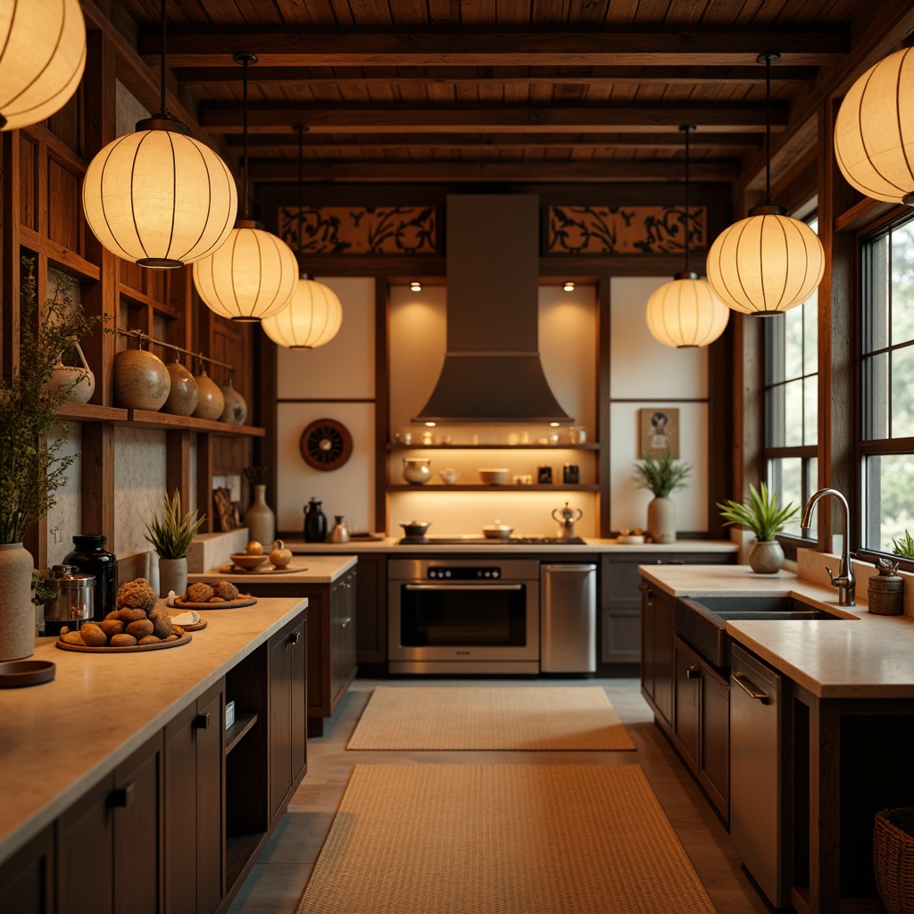 Prompt: Warm Asian-style kitchen, traditional Japanese lanterns, soft warm lighting, pendant lights made of rice paper, natural wood tones, intricate wooden carvings, bamboo accents, earthy color palette, subtle shadows, ambient occlusion, 1/1 composition, realistic textures, shallow depth of field, cozy atmosphere, warm beige countertops, dark wood cabinets, sleek metal appliances, minimalist decor, nature-inspired patterns, gentle color transitions.