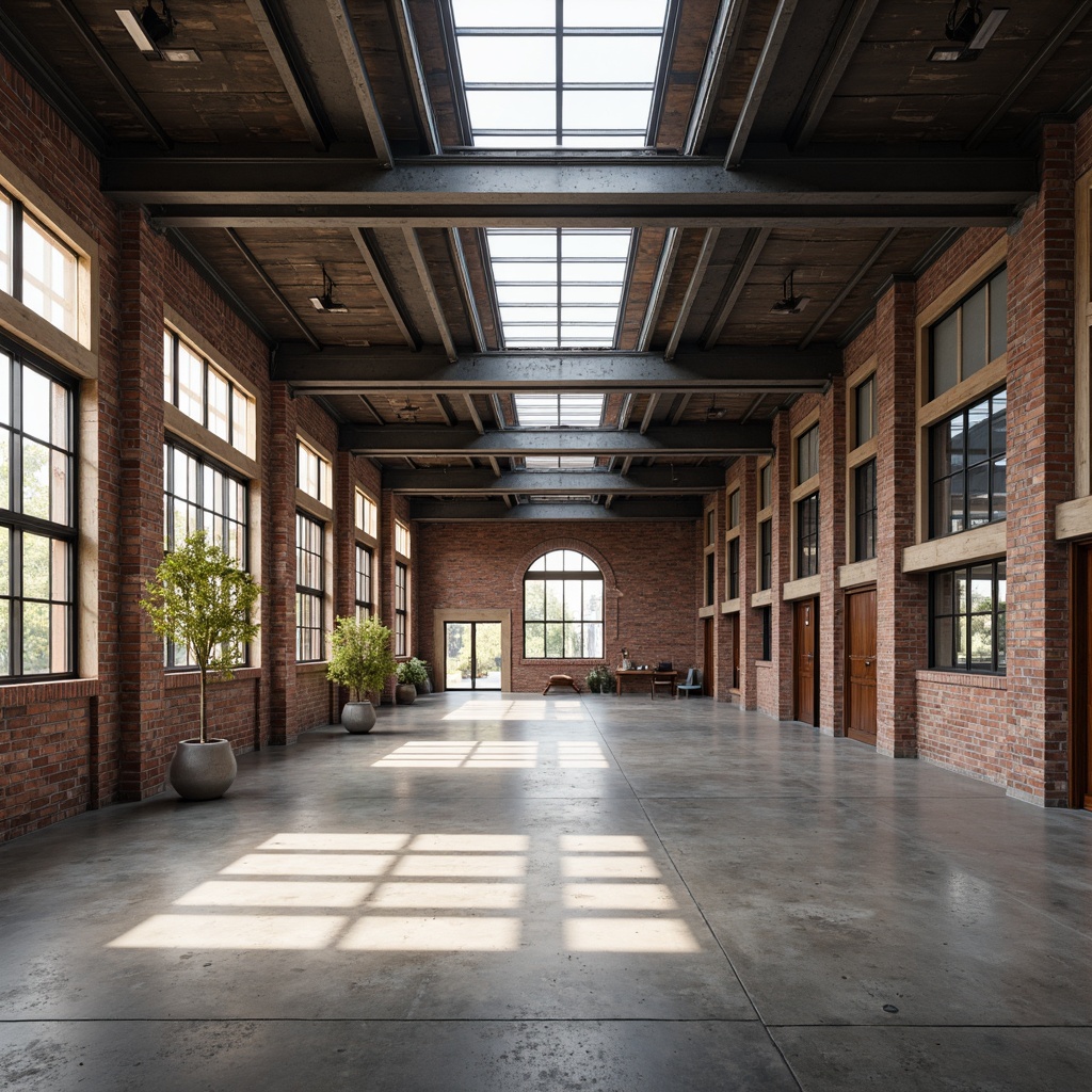 Prompt: Industrial warehouse interior, exposed brick walls, metal beams, polished concrete floors, reclaimed wood accents, minimal ornamentation, functional lighting fixtures, abundant natural light, clerestory windows, skylights, transparent roofs, open floor plans, airy atmosphere, soft warm glow, gentle shadows, 1/1 composition, realistic textures, subtle color palette, ambient occlusion.