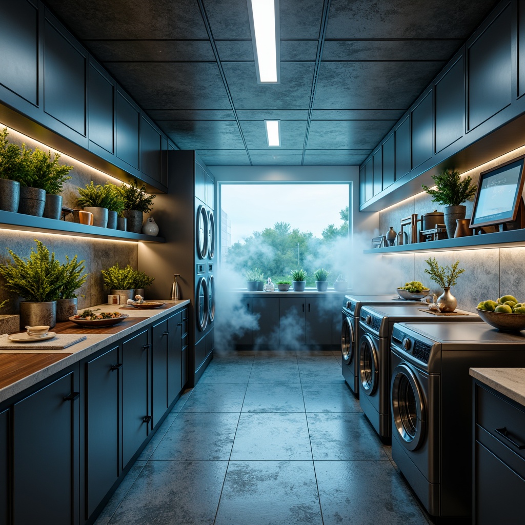 Prompt: Futuristic laundry room, sleek metal appliances, eco-friendly materials, recycled plastic countertops, bamboo flooring, energy-efficient washing machines, solar-powered dryers, minimalist design, angular lines, vibrant neon lighting, misting systems, atmospheric steam effects, shallow depth of field, 3/4 composition, panoramic view, realistic textures, ambient occlusion.