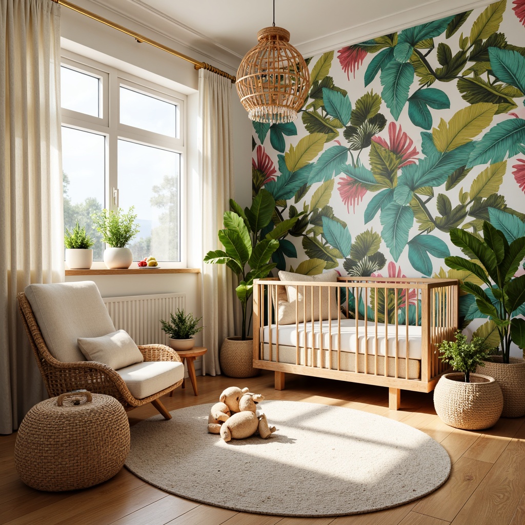 Prompt: Vibrant tropical nursery, exotic floral patterns, soft pastel colors, woven rattan furniture, plush toy animals, natural wood accents, leaf-inspired mobiles, creamy white walls, warm beige floors, sunny windows, sheer curtains, colorful tassel trim, playful pom-pom textiles, bold jungle-inspired wallpaper, eclectic global decor, lush green plants, natural fiber rugs, cozy reading nook, warm soft lighting, shallow depth of field, 1/1 composition, realistic textures, ambient occlusion.