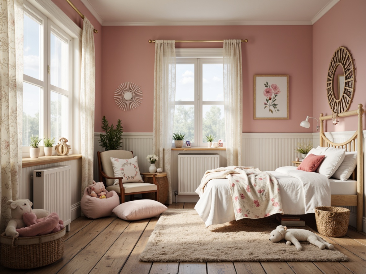 Prompt: Whimsical kids' room, soft pastel hues, vintage shabby-chic furniture, distressed wood accents, lace curtains, floral patterns, ruffled bedding, plush toys, woven baskets, natural fibers, cotton fabrics, embroidered quilts, velvet pillows, rustic wooden floors, warm cozy lighting, 1/1 composition, intimate atmosphere, relaxed casual mood.