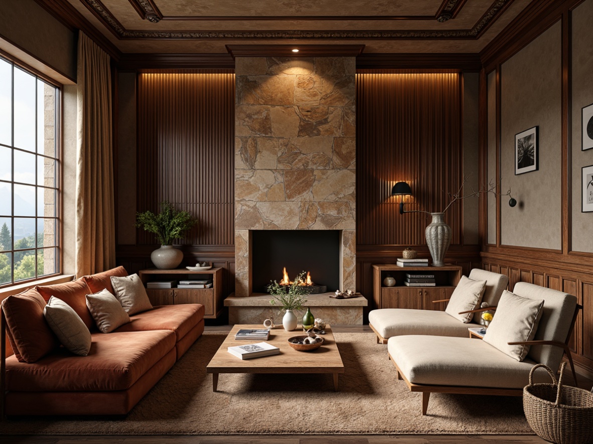 Prompt: Luxurious interior space, richly textured finishes, tactile sensations, wooden accents, natural stone walls, metallic sheen, velvet soft furnishings, ornate moldings, distressed wood, reclaimed materials, earthy color palette, warm ambient lighting, cozy atmosphere, inviting decor, eclectic accessories, abstract artwork, modern minimalist furniture, sleek lines, geometric patterns.