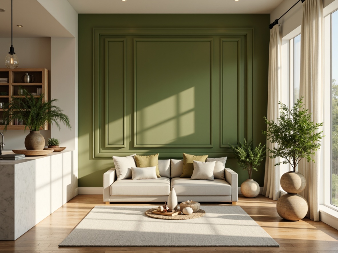 Prompt: Moss green accent wall, creamy white marble countertops, warm beige wooden floors, soft sage furniture upholstery, delicate ivory curtains, lush greenery, natural stone vases, earthy terracotta pots, serene atmosphere, gentle morning light, shallow depth of field, 1/1 composition, realistic textures, ambient occlusion.