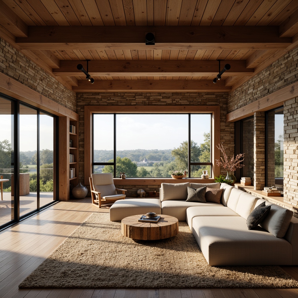 Prompt: Rustic farmhouse, open floor plan, modern country style, wooden accents, exposed beams, natural stone walls, reclaimed wood flooring, earthy color palette, cozy reading nooks, built-in shelving, large windows, sliding glass doors, panoramic views, rolling hills, countryside scenery, soft warm lighting, 1/1 composition, shallow depth of field, realistic textures, ambient occlusion.