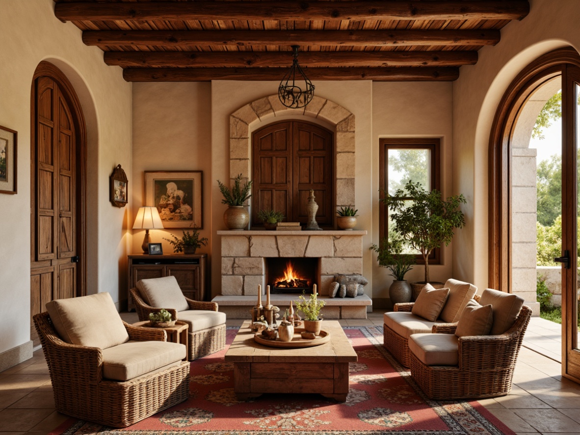 Prompt: Warm Mediterranean villa, rustic stone walls, terracotta roof tiles, ornate wooden doors, distressed wooden shutters, woven wicker furniture, plush velvet upholstery, intricately patterned ceramic tiles, natural fiber rugs, earthy color palette, warm golden lighting, soft focus, shallow depth of field, 1/1 composition, realistic textures, ambient occlusion.