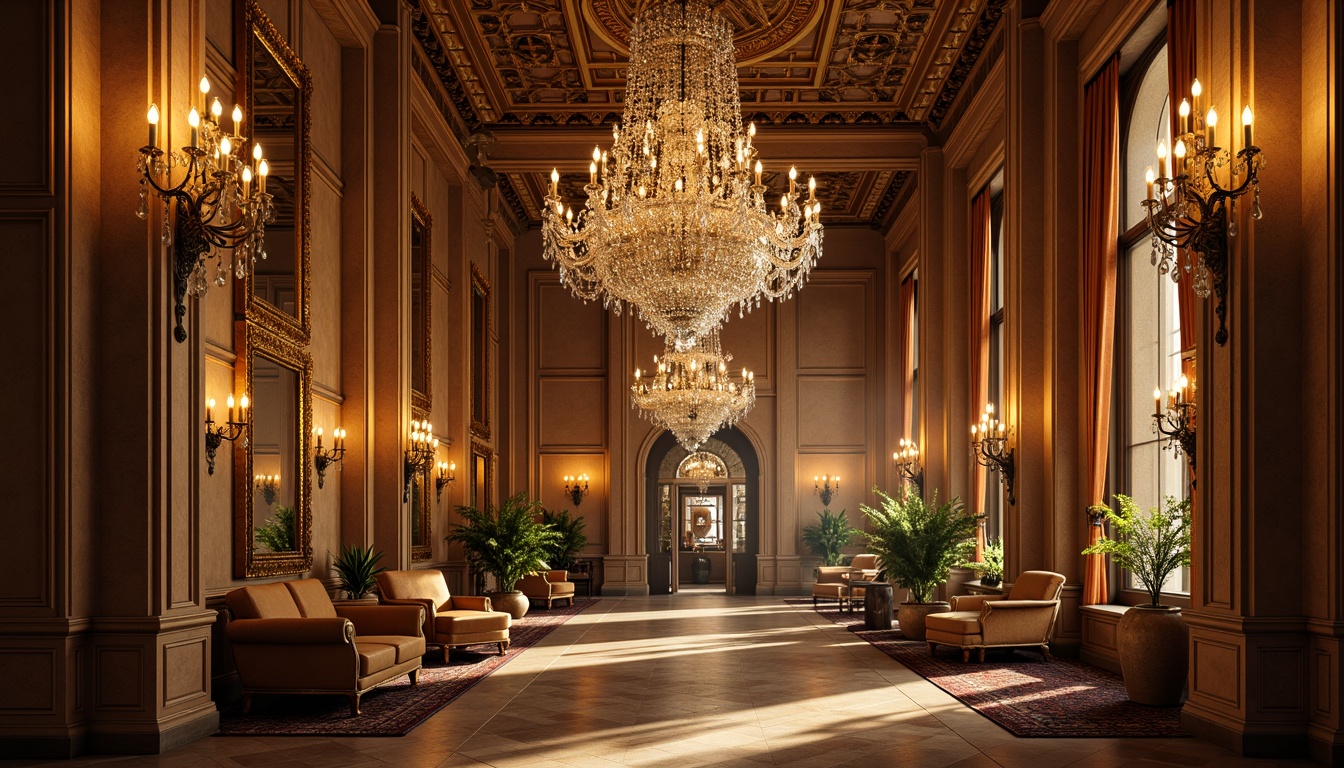 Prompt: Ornate chandeliers, crystal droplets, golden metalwork, warm candlelight, soft glow, velvet drapes, rich wood tones, intricate carvings, Baroque-inspired designs, grand high ceilings, ornamental mirrors, luxurious fabrics, Renaissance-era furniture, classical sculptures, lavish decor, warm beige colors, subtle shadows, ambient illumination, 1/1 composition, shallow depth of field, realistic reflections.