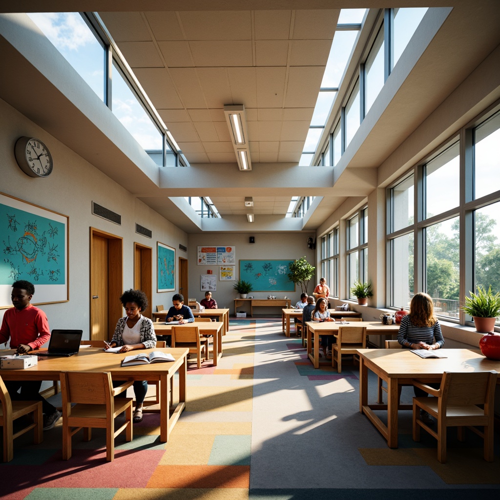 Prompt: Vibrant classroom, warm soft lighting, modern LED fixtures, natural daylight, clerestory windows, skylights, diffused illumination, comfortable seating areas, collaborative workspaces, interactive whiteboards, colorful educational decor, engaging multimedia displays, flexible learning environments, dynamic ambient lighting, 1/2 composition, shallow depth of field, realistic textures.