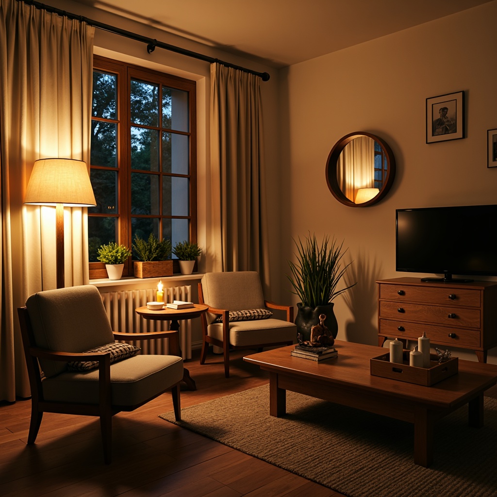 Prompt: Cozy living room, warm ambient lighting, table lamps, floor lamps, soft glow, cream-colored walls, dark wood furniture, plush area rug, comfortable seating, natural textures, earthy color palette, relaxed atmosphere, intimate gathering space, subtle shadows, layered lighting, warm white light, 1/1 composition, realistic rendering, soft focus, inviting ambiance.