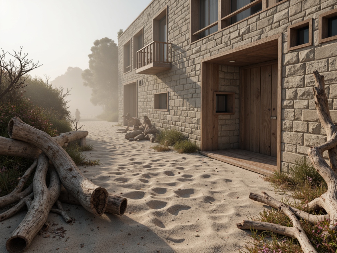 Prompt: Weathered driftwood, rough-hewn stone walls, sandy dunes, beachy pebbles, rustic wooden planks, distressed metal accents, sea-salted windows, foggy mornings, soft ocean breeze, warm sunlight, 1/1 composition, shallow depth of field, realistic textures, ambient occlusion.