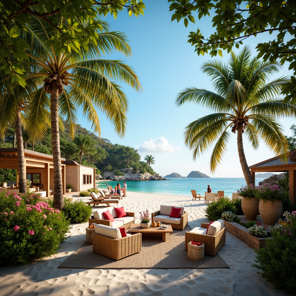 Prompt: Vibrant tropical flowers, lush green foliage, exotic palm trees, colorful tiki torches, woven rattan furniture, natural wicker textures, warm sandy beach, crystal-clear turquoise water, sunny bright lighting, shallow depth of field, 1/1 composition, panoramic view, realistic reflections, ambient occlusion, wooden dock, nautical ropes, seashells, driftwood decorations, ocean-inspired sculptures, tropical fruit arrangements, refreshing misting systems, gentle sea breeze sounds.