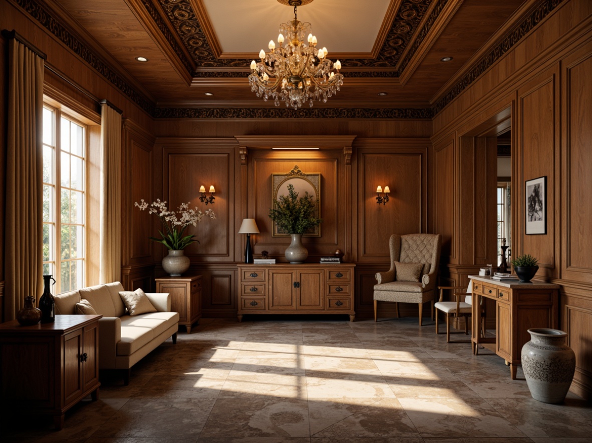 Prompt: Elegant storage room, rich wood tones, ornate moldings, classic architectural details, warm golden lighting, softbox lights, subtle shadows, dramatic chandelier, ambient occlusion, realistic textures, 3/4 composition, symmetrical framing, natural stone flooring, decorative vases, vintage furniture, luxurious fabrics, intricate carvings, subtle color palette, creamy whites, earthy browns.