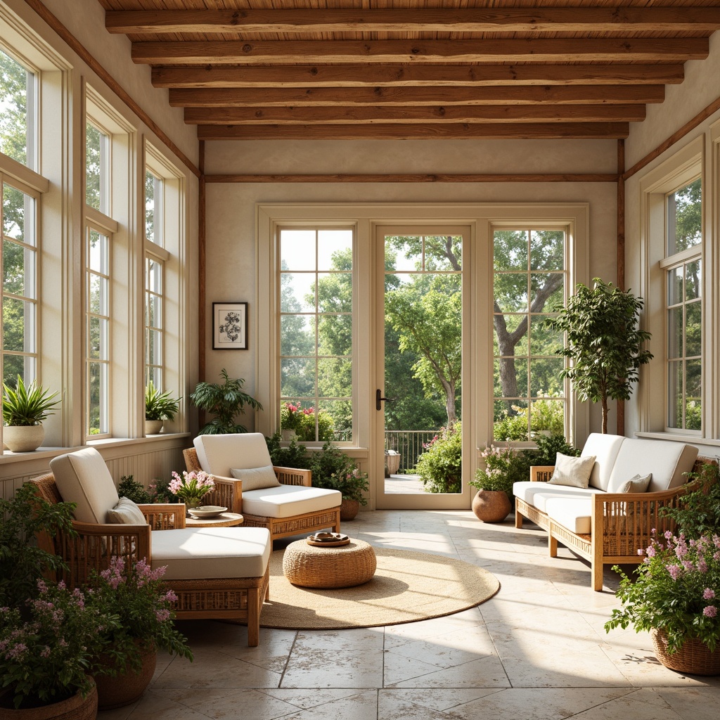 Prompt: Warm sunroom, classicism style, soft creamy whites, gentle beige tones, earthy terracotta hues, muted sage greens, warm golden wood accents, elegant ornate details, refined luxurious fabrics, subtle sheen finishes, natural stone flooring, rustic wooden beams, large windows, serene outdoor views, lush greenery, blooming flowers, warm sunny day, soft diffused lighting, shallow depth of field, 3/4 composition, realistic textures, ambient occlusion.