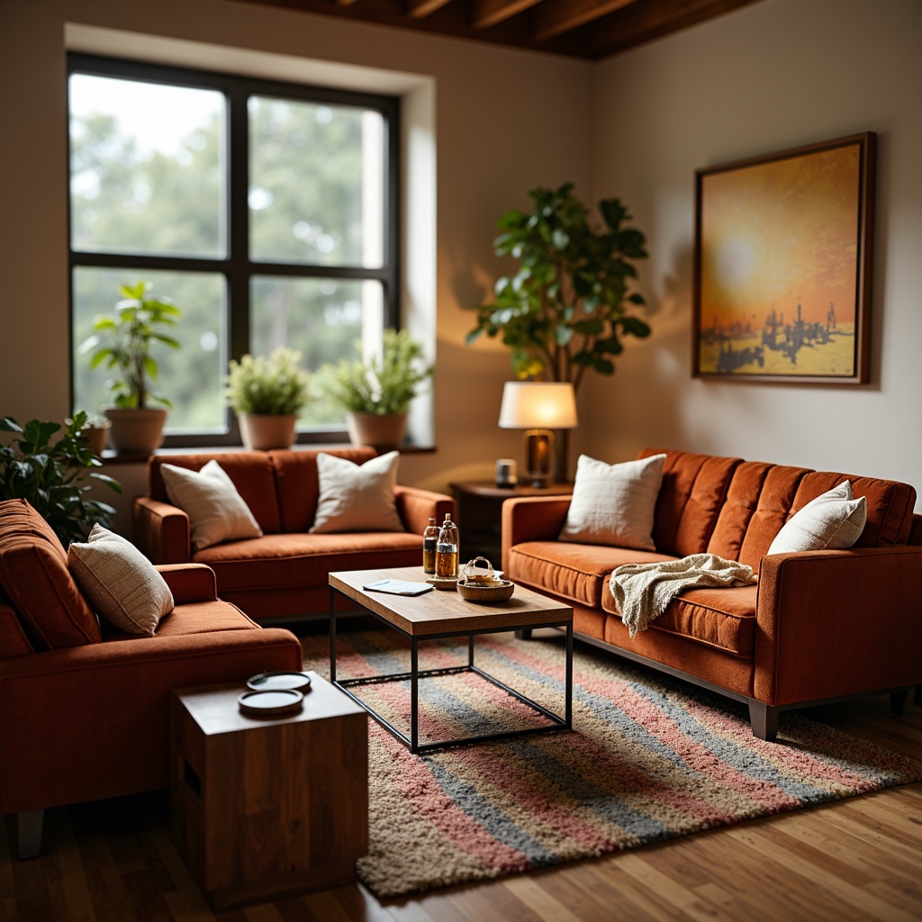 Prompt: Cozy living room, plush sofas, velvet armchairs, wooden coffee tables, soft cushions, elegant lamps, warm beige walls, large windows, natural light, modern minimalist design, sleek metal legs, comfortable pillows, vibrant colorful throw blankets, rustic wooden flooring, ambient warm lighting, shallow depth of field, 1/1 composition, realistic textures.