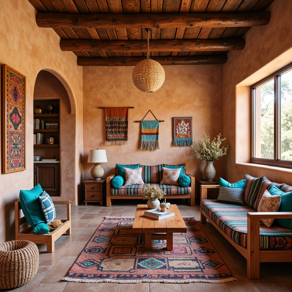 Prompt: Vibrant southwestern craft room, rich cultural heritage, warm earthy tones, traditional Native American patterns, colorful woven textiles, hand-loomed blankets, geometric motifs, bold stripes, vibrant turquoise accents, rustic wooden furniture, natural stone flooring, adobe-inspired architecture, soft warm lighting, cozy reading nook, plush throw pillows, creative workspace, inspirational quotes, eclectic decorative accents, unique artisanal pieces.