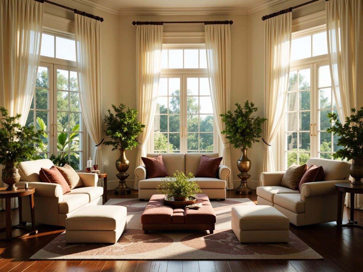 Prompt: Elegant sunroom, classicism style, cream-colored walls, dark wood flooring, large windows, natural light pouring in, comfortable plush armchairs, velvet ottomans, ornate wooden coffee tables, antique bronze vases, lush greenery, potted plants, sheer white curtains, subtle patterns, warm beige upholstery, soft golden lighting, 1/2 composition, intimate atmosphere, realistic textures, ambient occlusion.