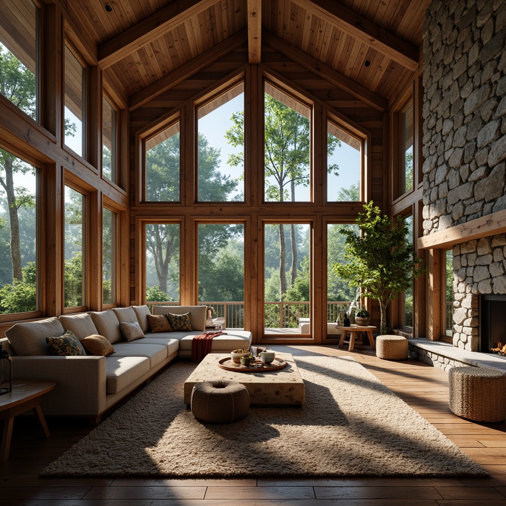 Prompt: Rustic mountain lodge, reclaimed wood accents, natural stone walls, earthy tones, wooden beams, cozy fireplaces, plush furnishings, woven textiles, organic patterns, abundant greenery, lush forest surroundings, misty morning light, soft warm glow, shallow depth of field, 1/2 composition, realistic textures, ambient occlusion.