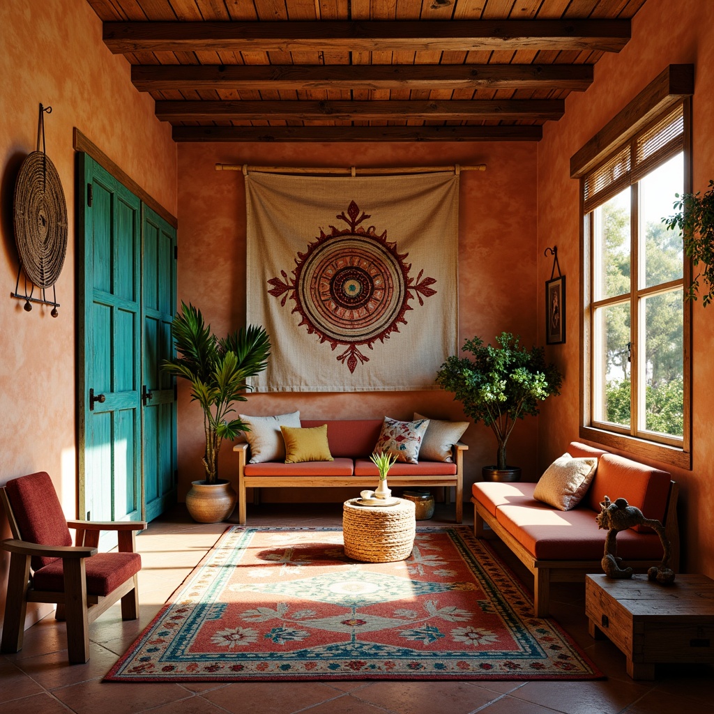 Prompt: Vibrant turquoise accents, earthy terracotta tones, woven Native American patterns, colorful Zapotec textiles, plush Aztec-inspired rugs, natural fiber wall hangings, rustic wooden furniture, cozy reading nooks, abundant sunlight, warm golden lighting, shallow depth of field, 1/1 composition, intimate atmospheric perspective, rich cultural heritage, eclectic decorative accents, vintage handmade crafts.