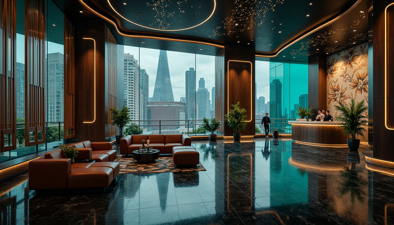 Prompt: Polished chrome accents, sleek metallic surfaces, curved glass facades, glossy black marble floors, rich walnut wood paneling, luxurious velvet upholstery, Art Deco-inspired geometric patterns, vibrant turquoise highlights, high-gloss paint finishes, minimalist ornate details, sophisticated ambient lighting, softbox shadows, 1/1 composition, cinematic camera angles, dramatic focal lengths, futuristic cityscape backdrop, moody atmospheric effects.