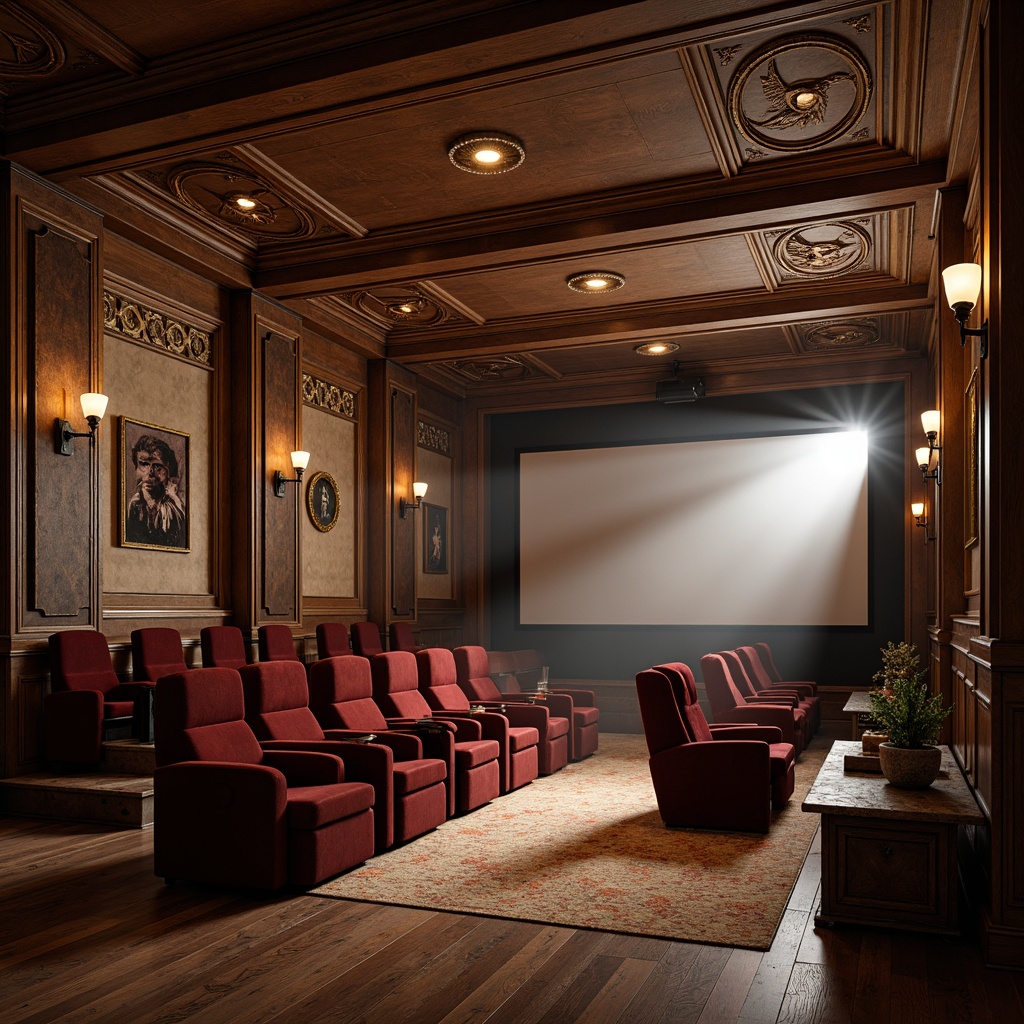 Prompt: Luxurious cinema interior, rich wood accents, plush velvet seating, ornate metalwork, decorative plaster moldings, warm ambient lighting, rustic wooden beams, earthy color palette, natural stone walls, artisanal craftsmanship, distressed leather furniture, vintage industrial fixtures, atmospheric fog effects, cinematic spotlights, 1/2 composition, dramatic shadows, realistic textures, ambient occlusion.