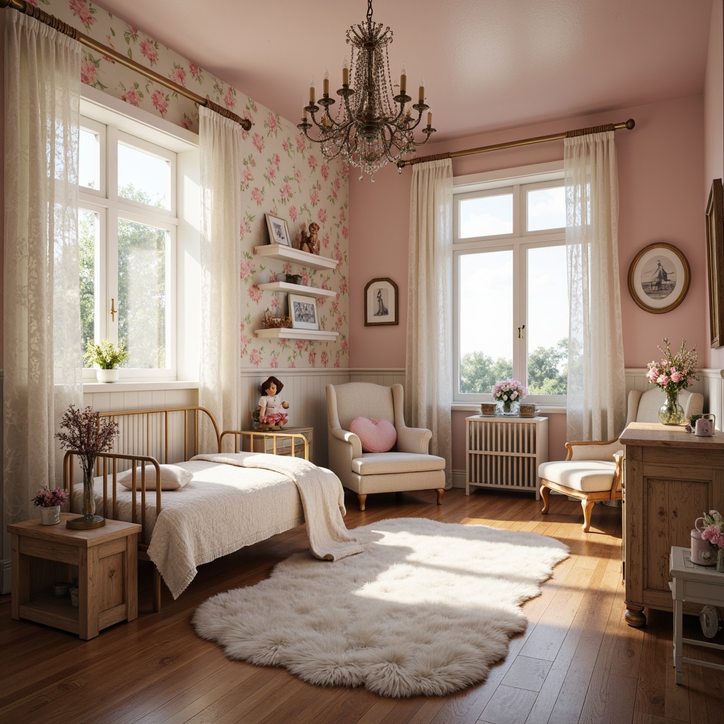 Prompt: Whimsical kid's room, distressed wooden furniture, vintage lace curtains, pastel pink walls, soft white bedding, fluffy area rug, antique porcelain dolls, floral patterned wallpaper, ornate picture frames, sparkling chandeliers, delicate ceramic vases, lace-trimmed pillowcases, tiny flower bouquets, warm afternoon sunlight, shallow depth of field, 1/1 composition, cozy atmosphere, realistic textures.