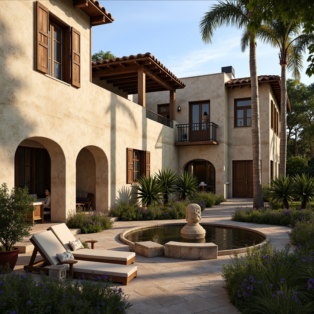 Prompt: Warm Mediterranean villa, rustic stone walls, terracotta roof tiles, ornate ironwork, wooden shutters, distressed wood accents, creamy stucco facades, lush greenery, blooming flowers, tranquil courtyard, shimmering water features, soft warm lighting, atmospheric shadows, 3/4 composition, natural textures, ambient occlusion, earthy color palette.