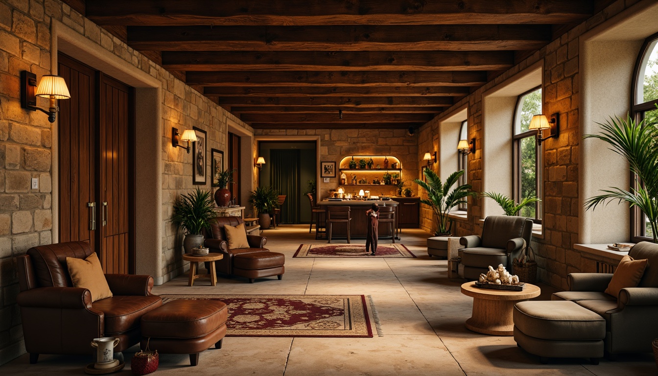 Prompt: Cozy rustic hotel lobby, warm earthy tones, natural wood accents, stone walls, vintage furniture, plush textiles, soft candlelight, earthy brown colors, muted green hues, weathered wooden beams, distressed leather armchairs, antique decorative items, rich velvet fabrics, golden lighting fixtures, traditional architectural details, warm beige stone flooring, comfortable atmosphere, relaxing ambiance, soft focus, shallow depth of field.