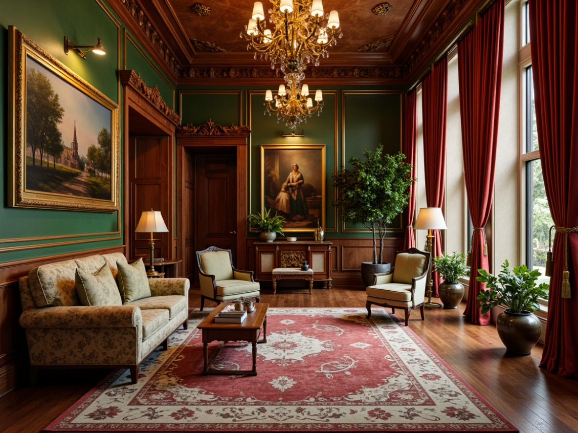 Prompt: Rich wooden paneling, ornate moldings, luxurious velvet fabrics, warm golden lighting, rich jewel tones, emerald green walls, crimson red accents, creamy white marble, polished bronze fixtures, intricate floral patterns, soft sage upholstery, distressed leather armchairs, vintage rugs, tall ceilings, grand chandeliers, sophisticated furniture pieces, classic oil paintings, formal atmosphere, 3/4 composition, warm color temperature, shallow depth of field.