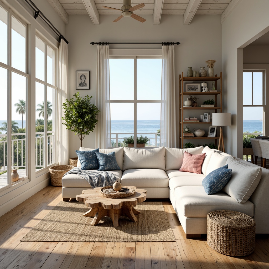 Prompt: \Coastal living room, driftwood coffee table, plush sectional sofa, natural linen upholstery, woven jute rug, vintage nautical decor, coral-inspired accents, ocean-blue throw pillows, distressed wood shelving, potted palm trees, soft white curtains, abundant natural light, airy open layout, 1/2 composition, warm golden lighting, realistic wood textures, subtle ocean breeze sounds.\Let me know if you need any adjustments!