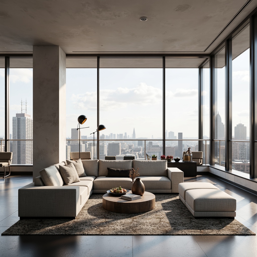 Prompt: Modern living room, sleek low-profile sofa, minimalist coffee table, monochromatic color scheme, sparse decorative accents, industrial metal floor lamps, geometric-patterned rug, floor-to-ceiling windows, natural light, urban views, calm atmosphere, soft warm lighting, 1/1 composition, realistic textures, ambient occlusion.