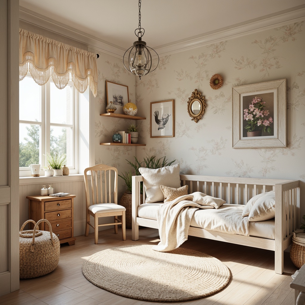 Prompt: Whimsical kid's room, soft pastel colors, distressed wood furniture, vintage accessories, floral patterns, ruffled curtains, lace trim, antique frames, playful wall decals, textured wallpapers, warm beige tones, creamy whites, subtle sparkles, natural fabrics, woven baskets, cozy reading nook, rustic wooden shelves, ornate mirrors, delicate chandeliers, softbox lighting, shallow depth of field, 1/1 composition, realistic textures.