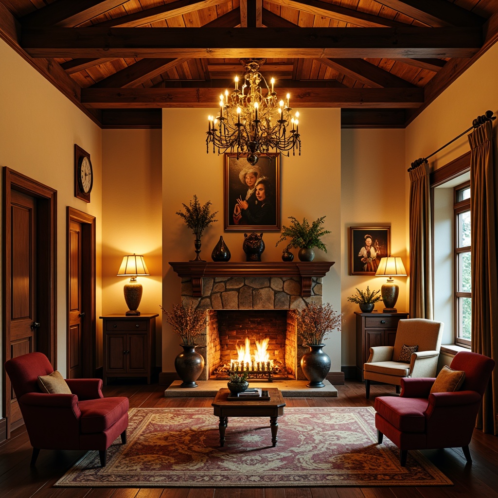 Prompt: Cozy traditional villa interior, rustic stone fireplace, wooden mantel, ornate carvings, warm earthy tones, soft golden lighting, plush furnishings, velvet armchairs, rich tapestries, decorative vases, classical portraits, ornamental clocks, grand chandelier, luxurious drapes, warm beige walls, polished hardwood floors, crackling fire sounds, intimate ambiance, 1/2 composition, warm color palette, realistic textures.