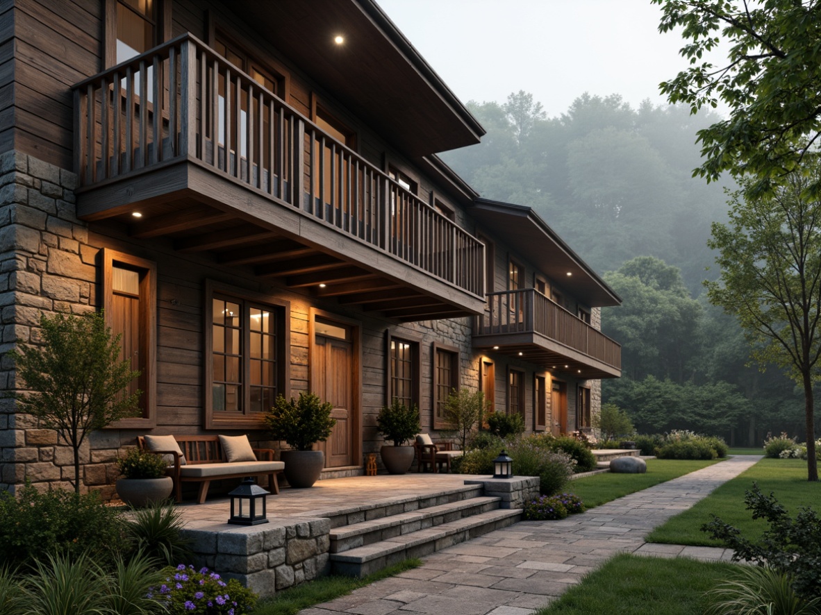 Prompt: Rustic hotel exterior, wooden cabin-like facade, earthy color palette, natural stone walls, wooden shutters, distressed wood accents, vintage metal lanterns, lush greenery surroundings, dense forest landscape, misty morning atmosphere, soft warm lighting, shallow depth of field, 1/2 composition, realistic textures, ambient occlusion.