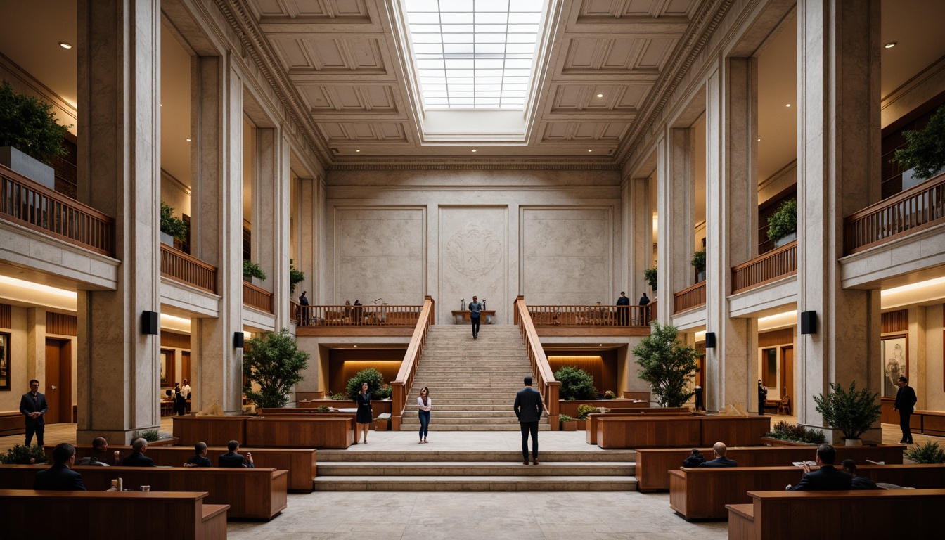 Prompt: Grand courthouse building, neoclassical style, symmetrical facade, granite stone walls, majestic columns, ornate details, grand staircase, high ceilings, natural light flooding, spacious atrium, functional courtroom layouts, efficient circulation paths, accessible seating areas, advanced audiovisual systems, secure entry points, restricted access zones, elegant wood paneling, subtle color schemes, ambient soft lighting, shallow depth of field, 1/2 composition, realistic textures, subtle atmospheric effects.