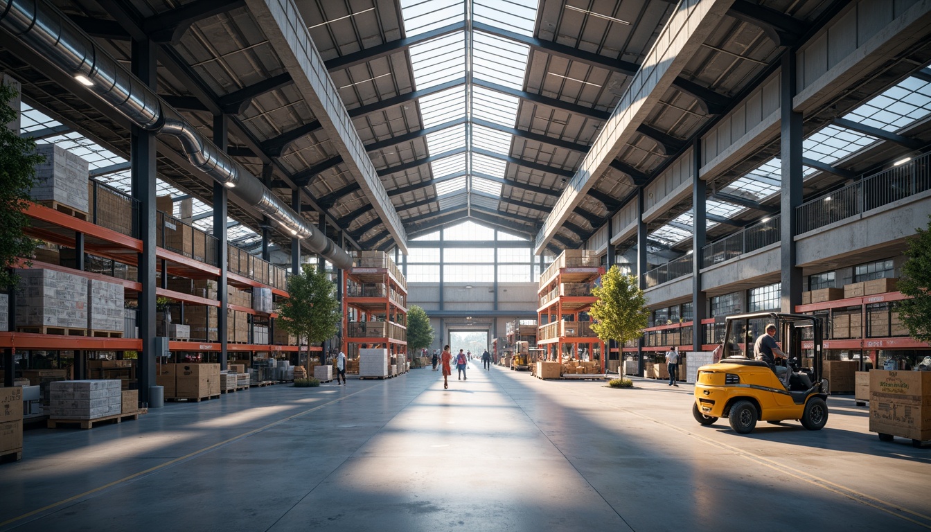 Prompt: Industrial distribution center, high vaulted ceilings, exposed ductwork, sleek metal beams, polished concrete floors, modern warehouse architecture, abundant natural light, large skylights, clerestory windows, airy open spaces, rows of shelving units, stacked crates, busy forklift traffic, fluorescent lighting, 1/1 composition, shallow depth of field, soft warm lighting, realistic textures, ambient occlusion.