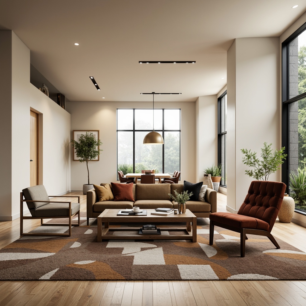 Prompt: Mid-century modern living room, sleek low-profile sofa, tufted velvet armchair, reclaimed wood coffee table, industrial metal floor lamp, abstract geometric pattern rug, neutral beige walls, large windows with natural light, subtle warm ambiance, shallow depth of field, 1/1 composition, soft focus, realistic textures.