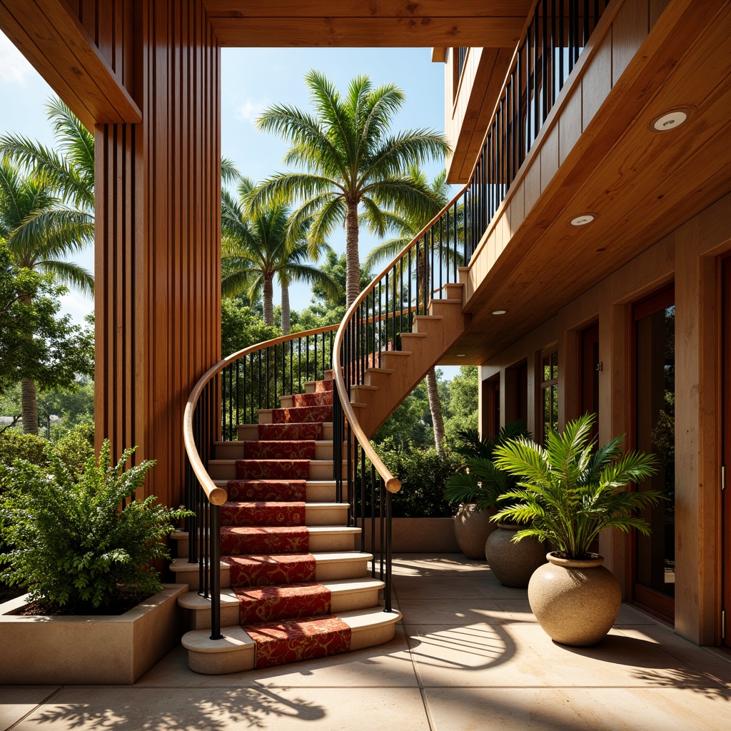 Prompt: Rich wooden handrails, ornate metal balusters, exotic tropical plants, natural stone steps, warm beige marble floors, elegant spiral staircases, luxurious velvet carpets, lavish gold accents, soft warm lighting, subtle shadows, 1/1 composition, intimate view, realistic wood textures, ambient occlusion, tropical island ambiance, palm trees, floral patterns, vibrant colorful fabrics.