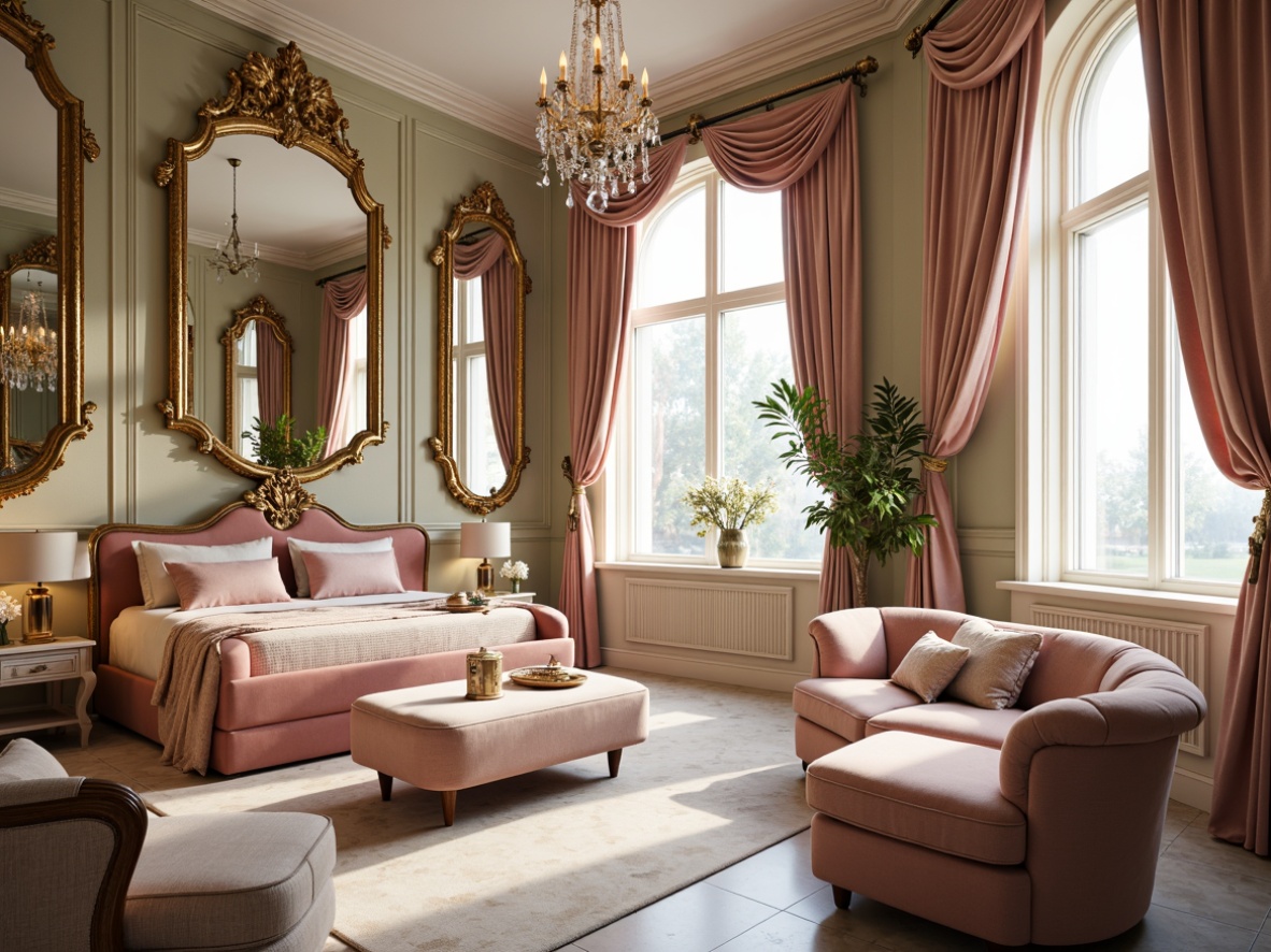 Prompt: Luxurious boudoir, ornate mirrors, gilded frames, velvet drapes, intricately carved furniture, curved lines, soft pastel hues, delicate florals, antique accessories, crystal chandeliers, marble floors, tufted upholstery, lavish fabrics, golden accents, French-inspired designs, elegant proportions, natural light, warm atmospheric lighting, shallow depth of field, 1/1 composition, realistic textures, ambient occlusion.