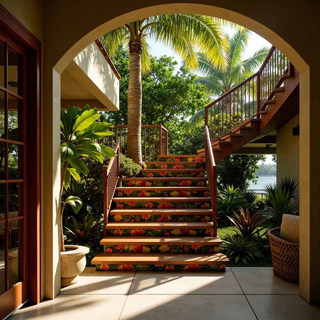 Prompt: Vibrant tropical staircase, exotic hardwood steps, rich mahogany railings, ornate metal balusters, lush greenery walls, natural stone flooring, warm golden lighting, soft focus blur, 1/1 composition, intimate atmosphere, realistic wood textures, ambient occlusion, sunny day ambiance, colorful floral patterns, tropical leaf-inspired designs, woven rattan accents, earthy tone colors, natural fabric upholstery.