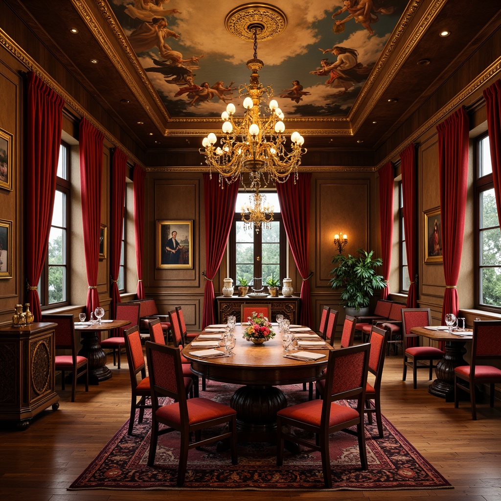 Prompt: Opulent Renaissance-style dining room, rich wood furnishings, intricately carved chairs, velvet upholstery, ornate wooden tables, grand chandeliers, luxurious drapery, heavy crimson curtains, gilded frames, antique artifacts, frescoed ceiling, warm golden lighting, soft focus, shallow depth of field, 1/2 composition, classical music ambiance, realistic wood textures, subtle ambient occlusion.